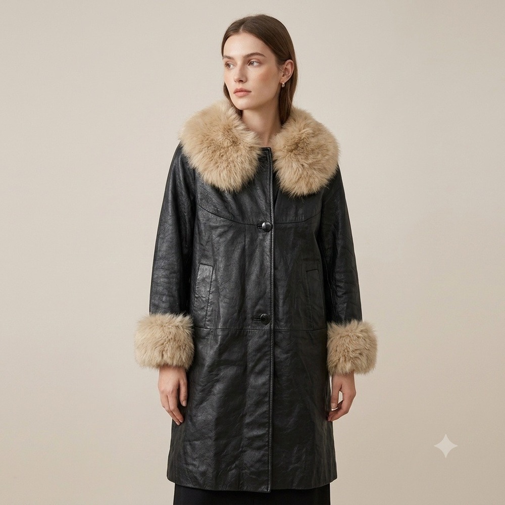 VTG Penny Lane Leather Coat Fox Fur 18x34 Mob Wife MOD 60s 70s